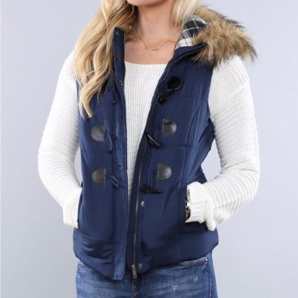 Love Tree Women’s Navy Blue Full Zip Faux Fur Trim Hooded Puffer Vest Small - Picture 1 of 15